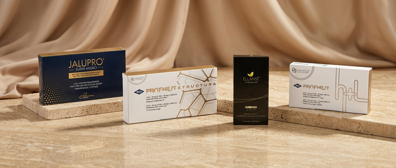 Luxury aesthetic clinic catalogue with professional skincare and filler packaging